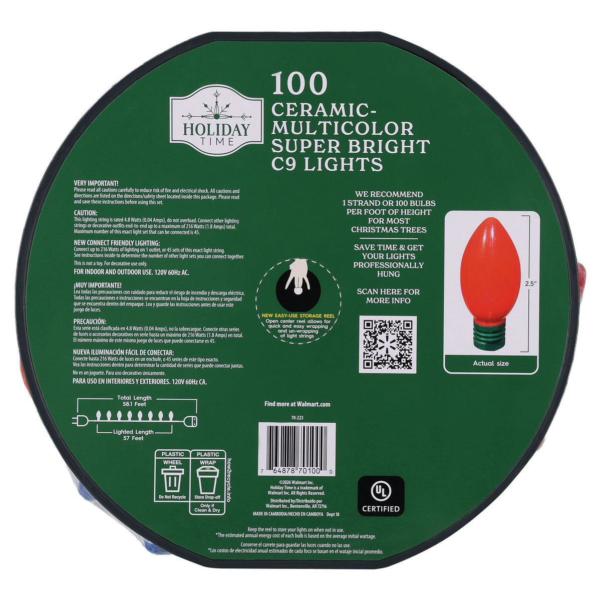 Indoor/Outdoor 100-Count LED Smooth C9 Christmas String Lights, Multicolor, Green Wire, 57', by Holiday Time