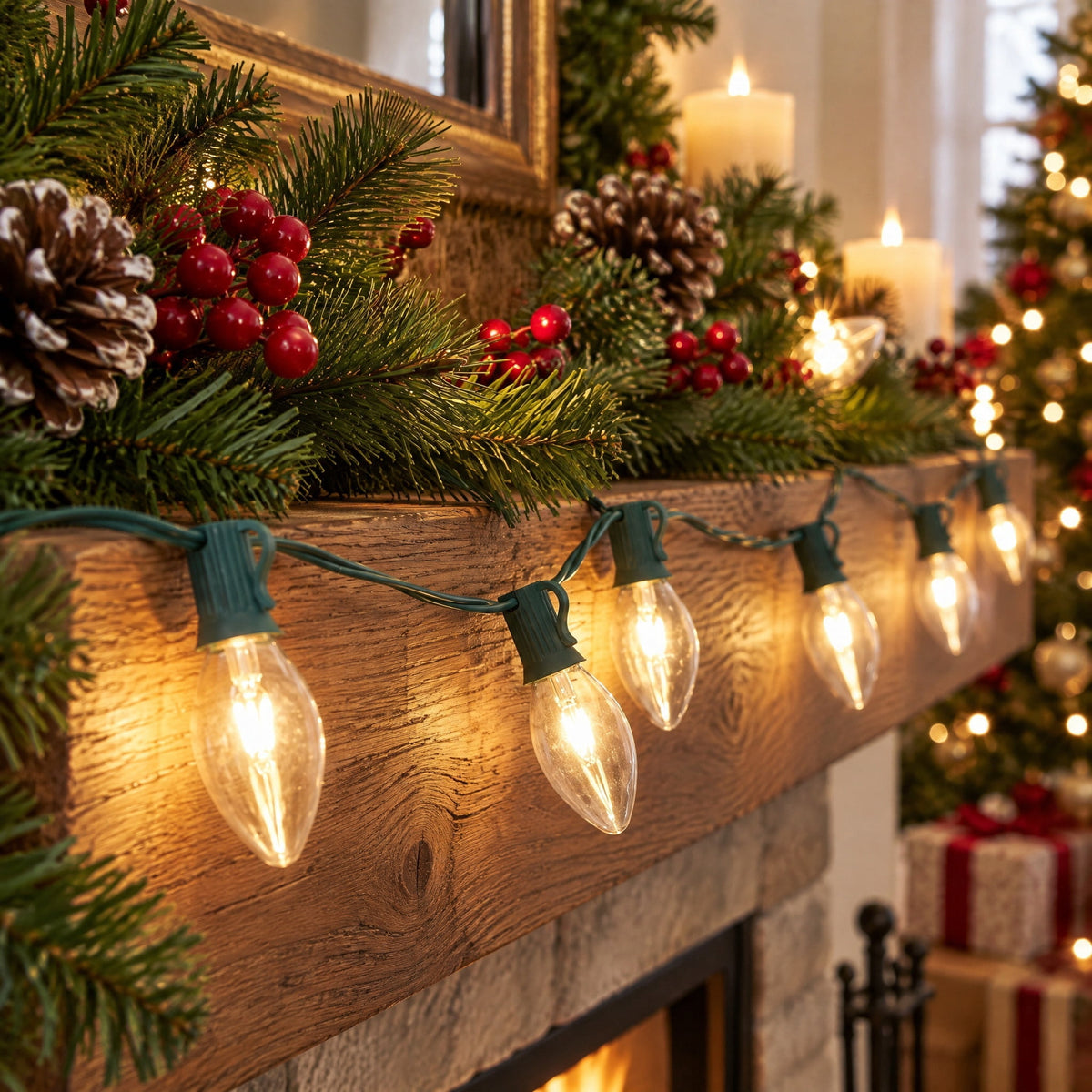 Indoor/Outdoor 25-Count LED Extra Bright Vintage-Style C9 Christmas String Lights, Warm White, Green Wire, 14', by Holiday Time
