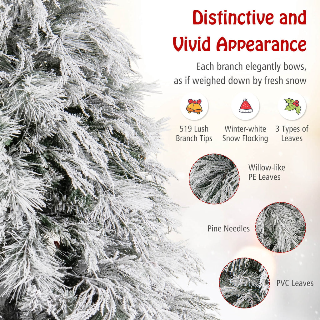 Costway 7 ft Flocked Cypress Christmas Tree with 710 Full PE Branch Tips, 350 LED Lights Sparse-Style White