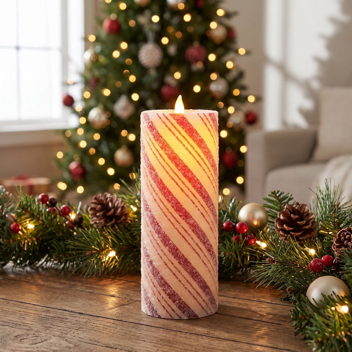 Indoor Battery-Operated LED Plastic Flameless Candy Cane Christmas Pillar Candle, Red and White, 8.7", by Holiday Time
