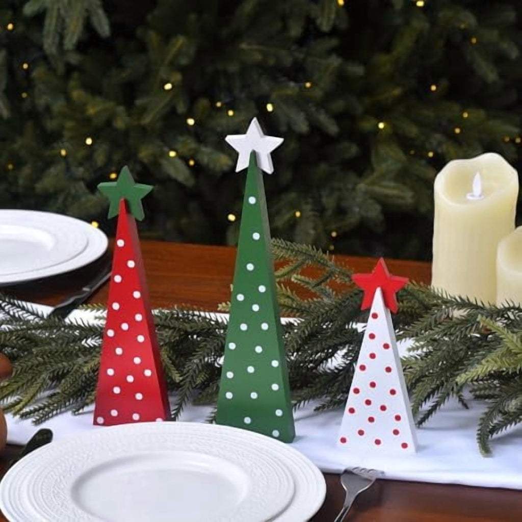 3 Piece Wooden Christmas Tree Tabletop Decor Rustic Double Sided Tiered Tray Signs for Home Office Farmhouse