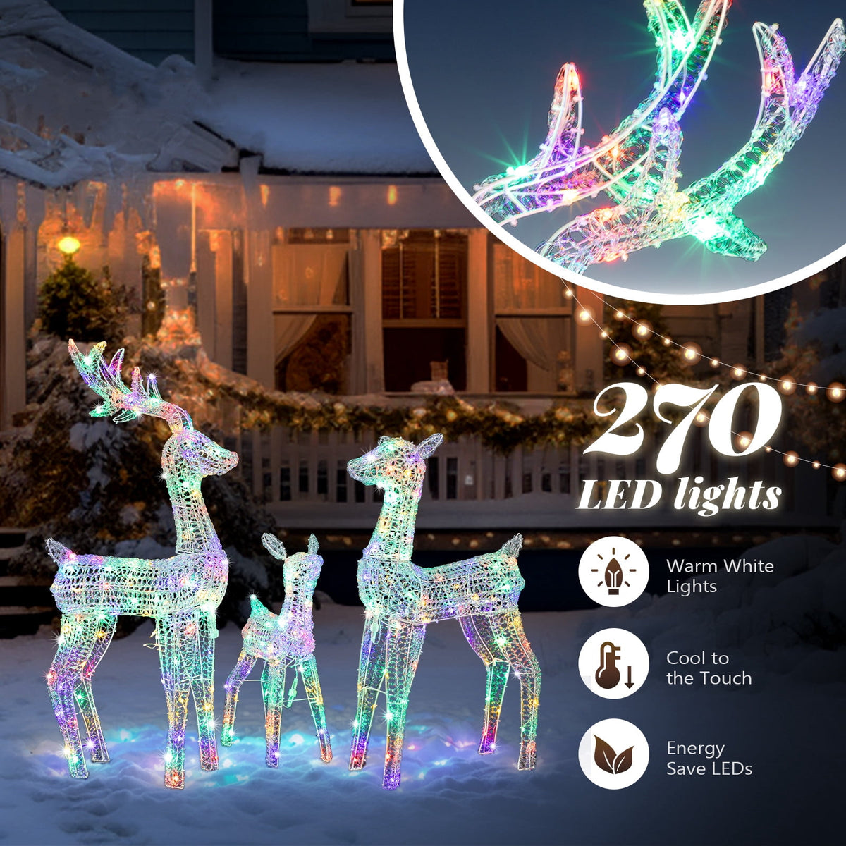 Ktaxon Christmas Outdoor Decor 4FT Lighted Reindeer Set 3Pcs Yard Deer Decorations LED Lights - Gold