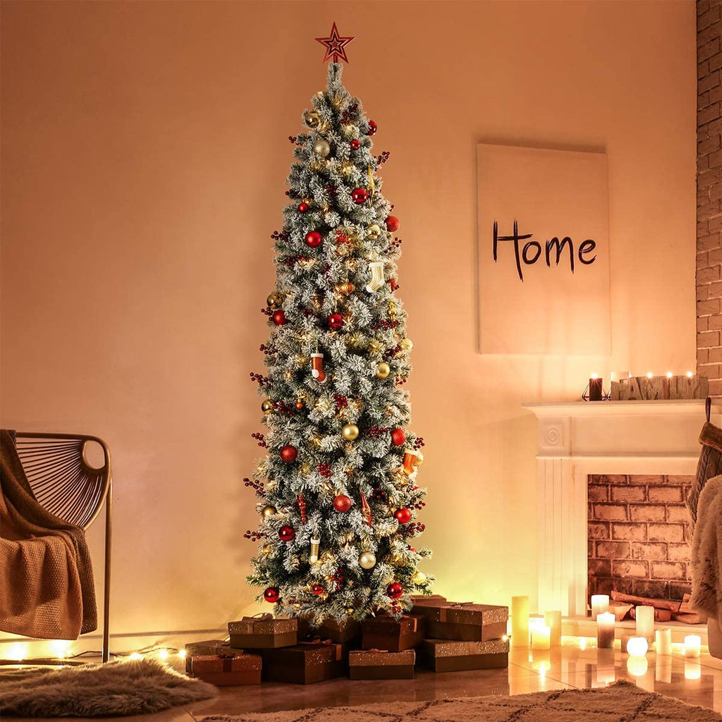OasisCraft 9ft Pre-Lit Snow Flocked Artificial Pencil Christmas Tree with 450 Clear Lights, Hinged Snowy Slim Xmas Tree Outdoor for Festive Holiday Decor