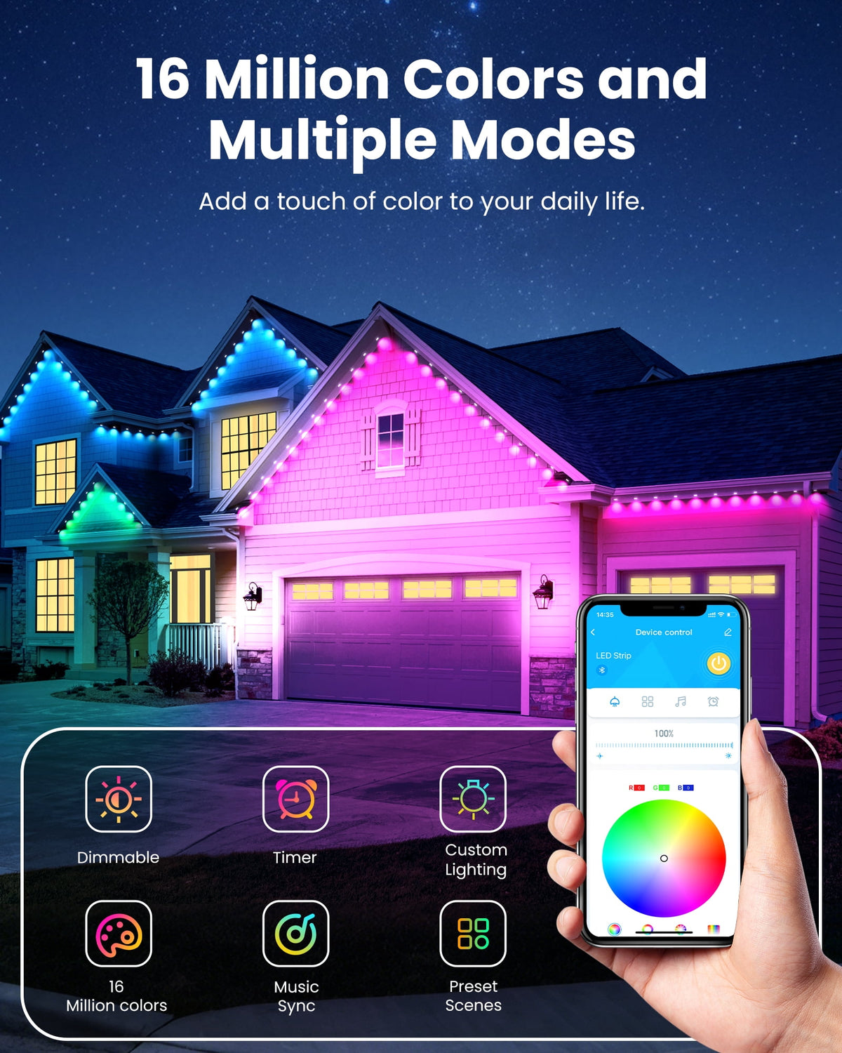 DAYBETTER 50ft Permanent Outdoor Lights, RGB Eaves String Lights with 25LED, Remote/APP Control, IP65 Waterproof, for Garden Halloween Christmas Party Decorations