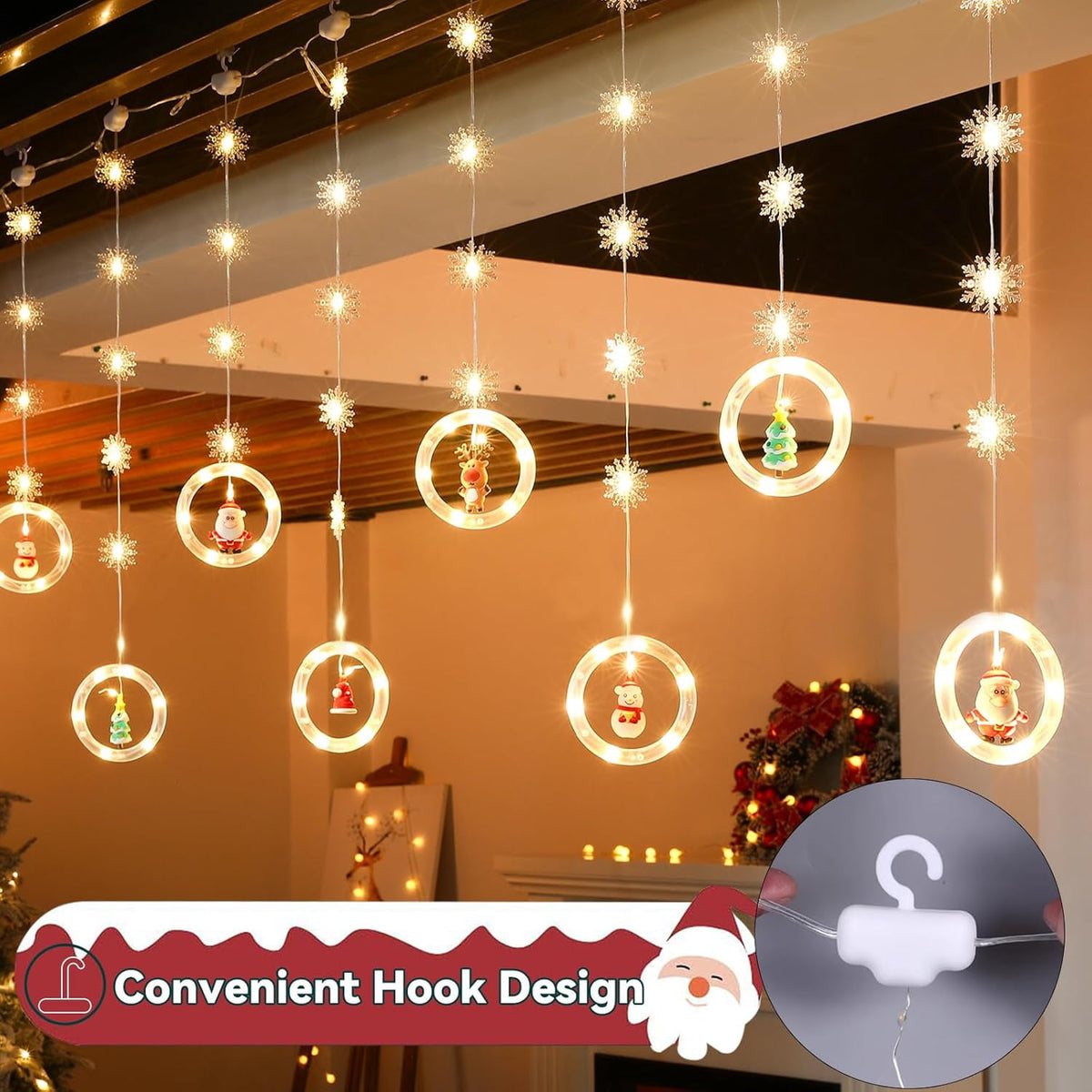 WILLED Christmas String Lights, 120 LED Window Curtain Lights with Christmas Ornaments, 9.8ft USB Powered Warm White Waterproof Fairy Lights Indoor Outdoor for Xmas Tree Patio Garden Party Home Decor
