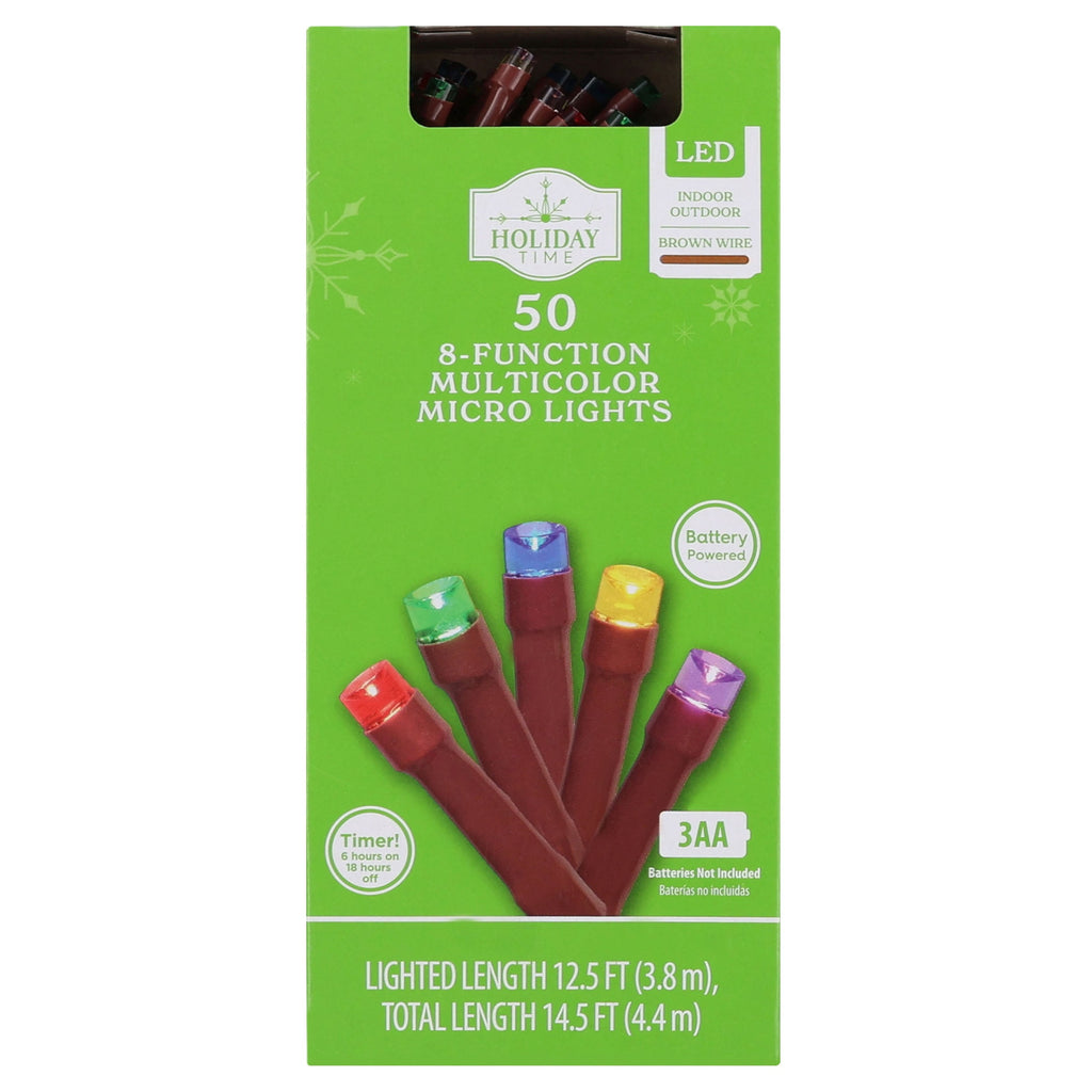 Indoor/Outdoor 50-Count Battery-Operated LED 8-Function Micro Christmas String Lights, Warm White, Green Wire, 12.5', by Holiday Time