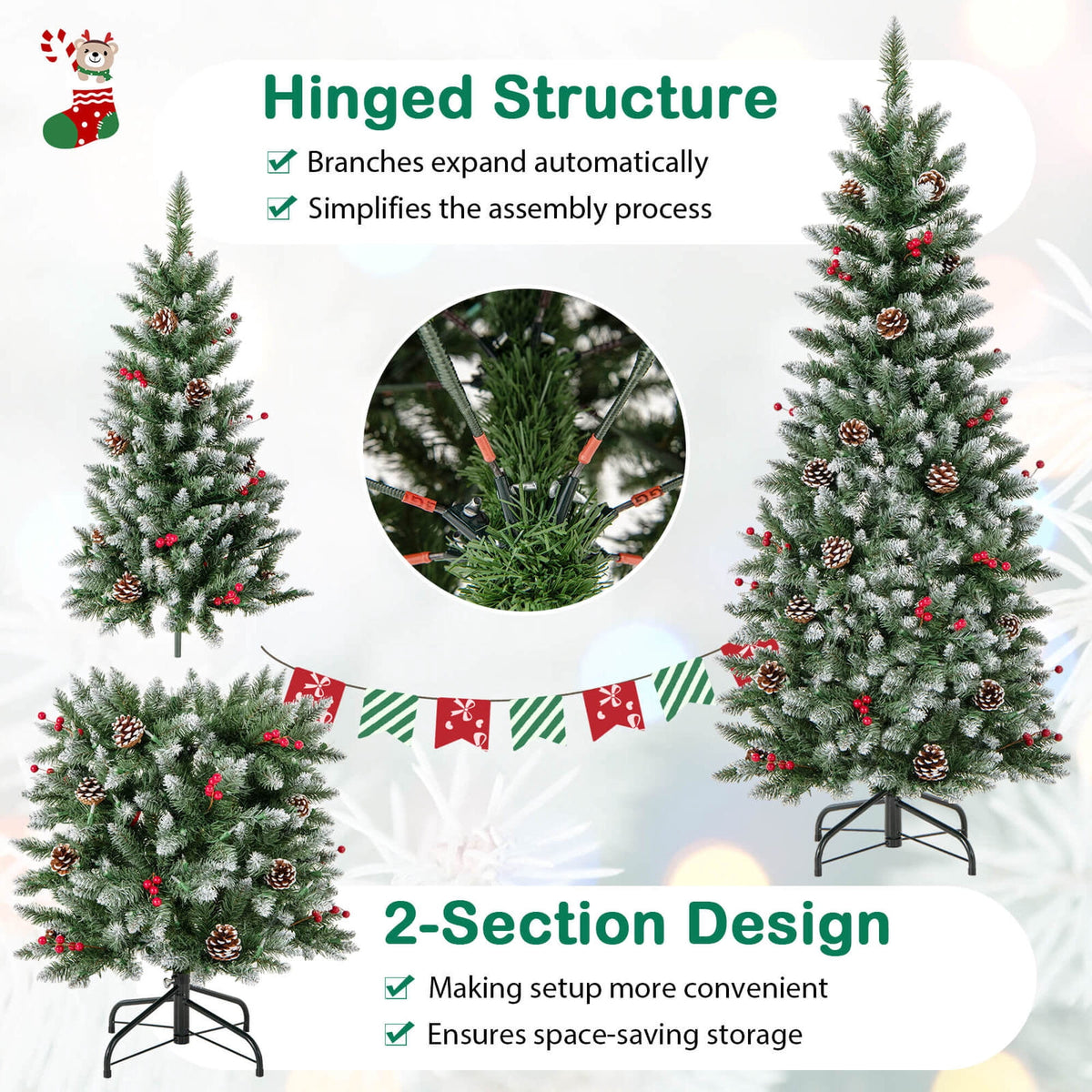 Costway 5 FT Pre-Lit Artificial Christmas Tree with 408 Snowy Branch Tips 250 LED Lights