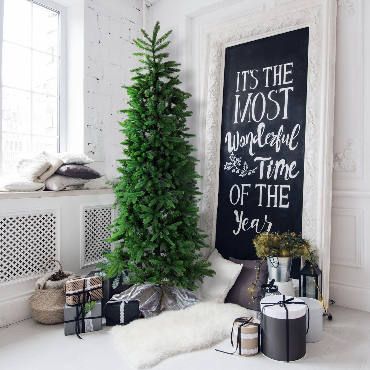 Fraser Hill Farm 6.5-Ft. Carmel Pine Slim Christmas Tree with White Incandescent Smart Lights, FFCP065-3GR