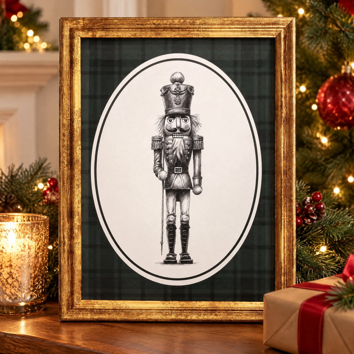 My Texas House Nutcracker Print Framed Under Glass Christmas Wall Art, Green Plaid, 8"x10"