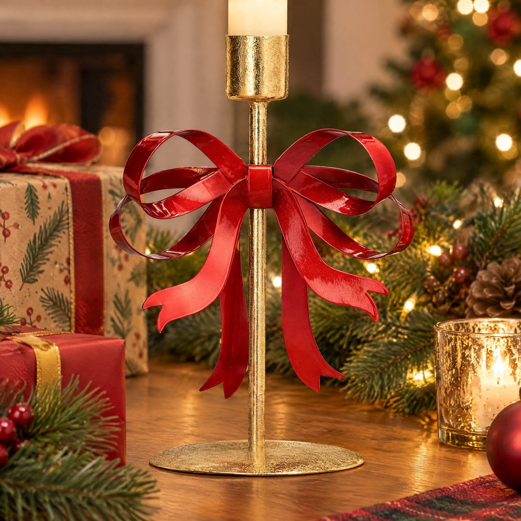 Medium Gold and Red Bow Metal Christmas Taper Candle Holder, 9.5", by Holiday Time