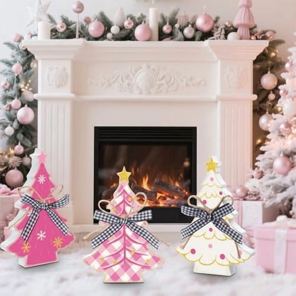 3 Piece Pink Wooden Christmas Tree Tabletop Decorations Rustic Farmhouse Holiday Centerpieces