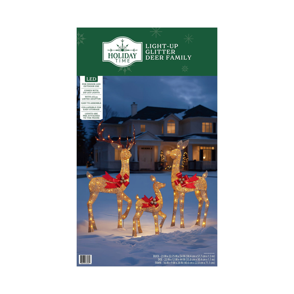 Indoor/Outdoor Light-Up Glitter Deer Family Christmas Decoration with 210 LED Lights, Warm White, Set of 3, by Holiday Time