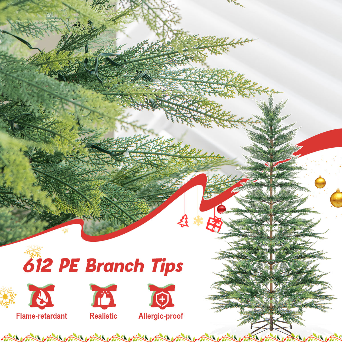 Topbuy 6.5 FT Artificial Cypress Christmas Tree Pre-lit Hinged Xmas Tree with 430 Warm White LED Lights 470 Highly Simulated Branch Tips