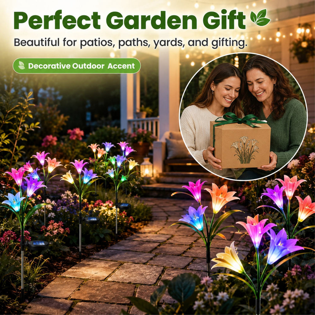 Solar Garden Lights Outdoor, 2 Pack 8 Lily, Solar Flowers Light Waterproof, Multi-color Changing LED Solar Stake Lights for Outside Patio Garden Pathway Yard Decoration