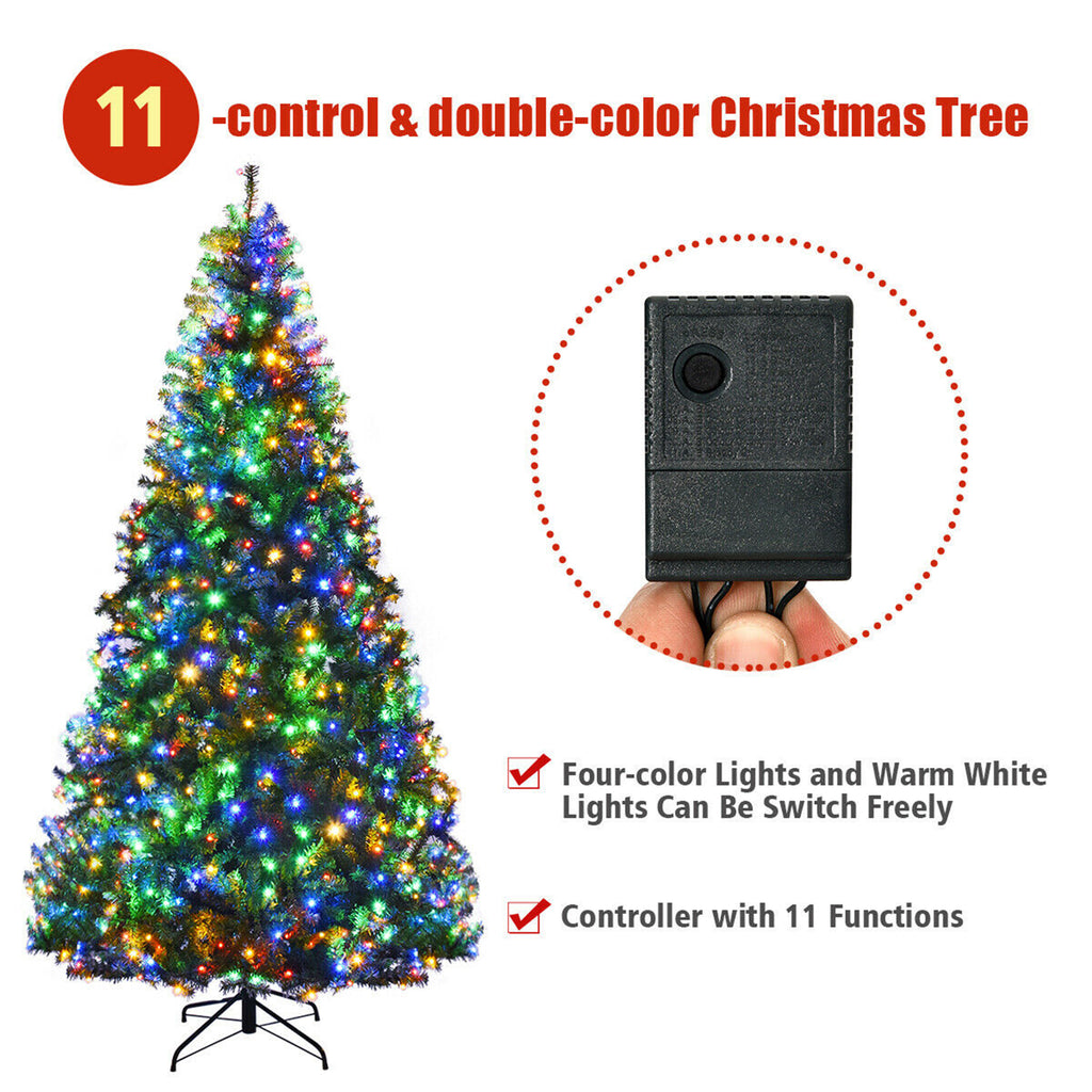 Gymax 8FT Pre-Lit Christmas Tree Hinged Artificial Tree w/ Metal Stand LED Lights