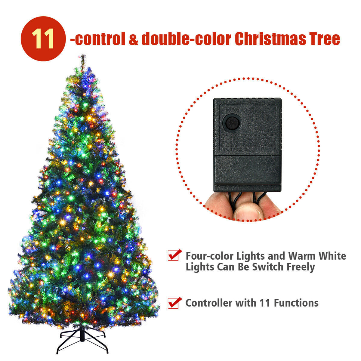 Gymax 8FT Pre-Lit Christmas Tree Hinged Artificial Tree w/ Metal Stand LED Lights