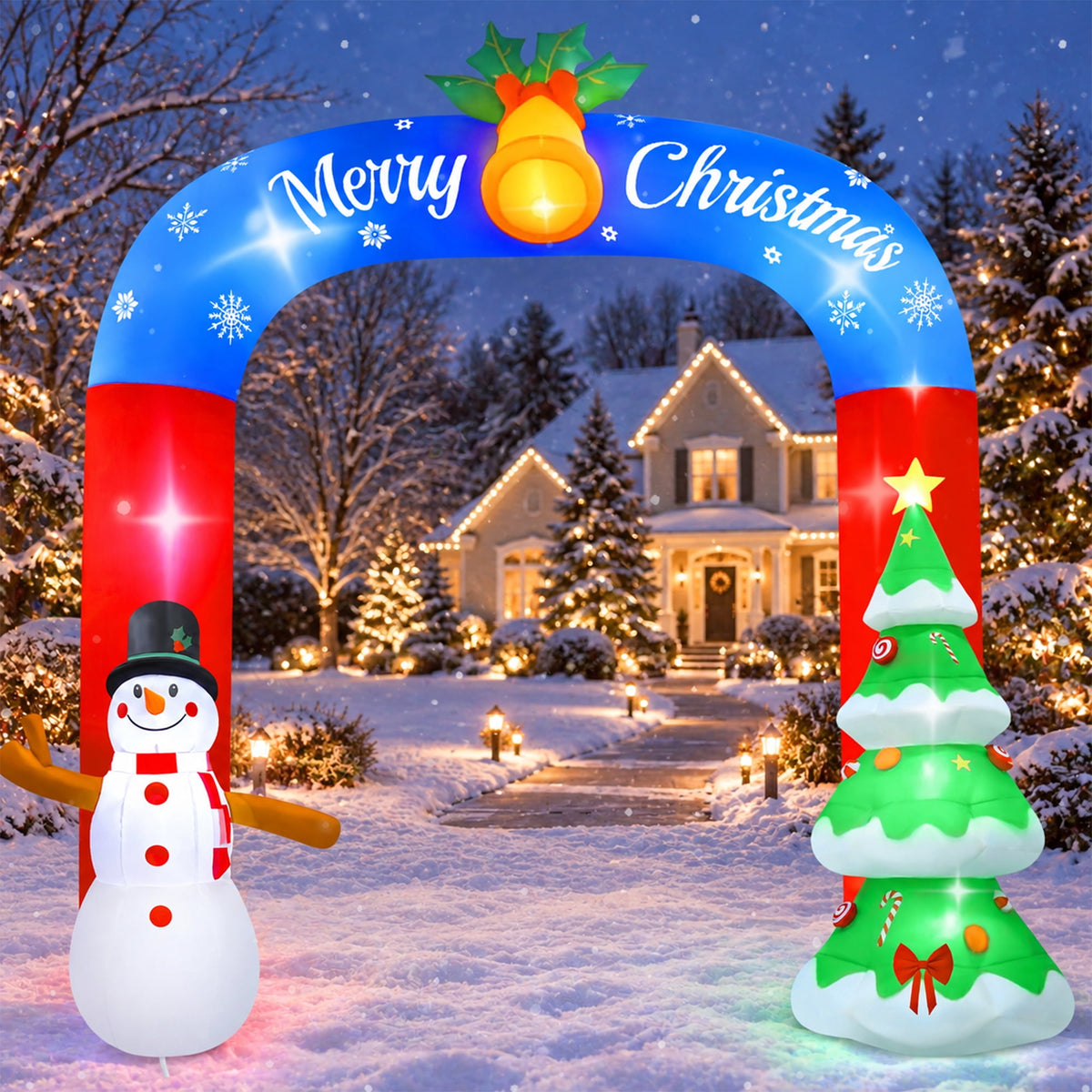 Yexmas 8FT Christmas Inflatable Archway,Christmas Blow Up Yard Decorations with Santa Claus and Snowman,Outdoor Christmas Decorations with Bow LED Lights