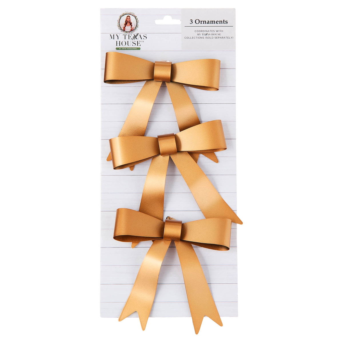 My Texas House 3-Count Gold Bow Christmas Ornaments, 4"