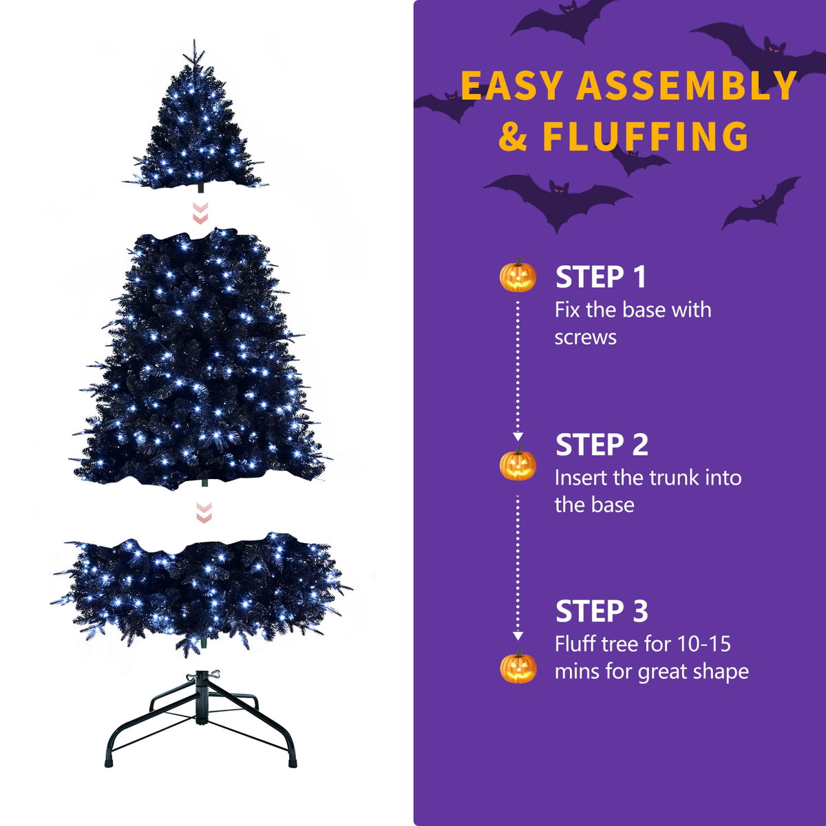 Maylaviu 7FT Gothic Black Christmas Tree, 450 Cold White Lights, 1916 Full Tips, Halloween & Holiday Party Decor, Sturdy Metal Stand