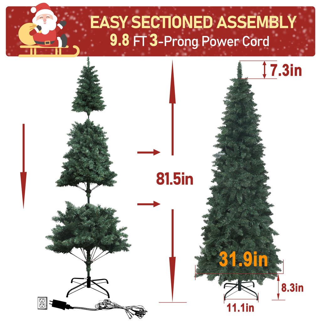 VEIKOUS 6.5ft Pre-lit Pencil Christmas Tree Slim w/250 LED Lights & Metal Stand, Green