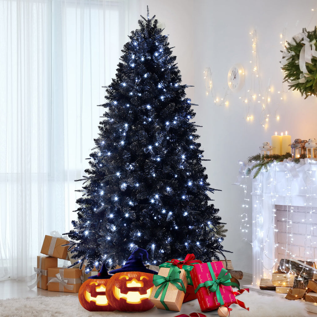 Maylaviu 7FT Gothic Black Christmas Tree, 450 Cold White Lights, 1916 Full Tips, Halloween & Holiday Party Decor, Sturdy Metal Stand