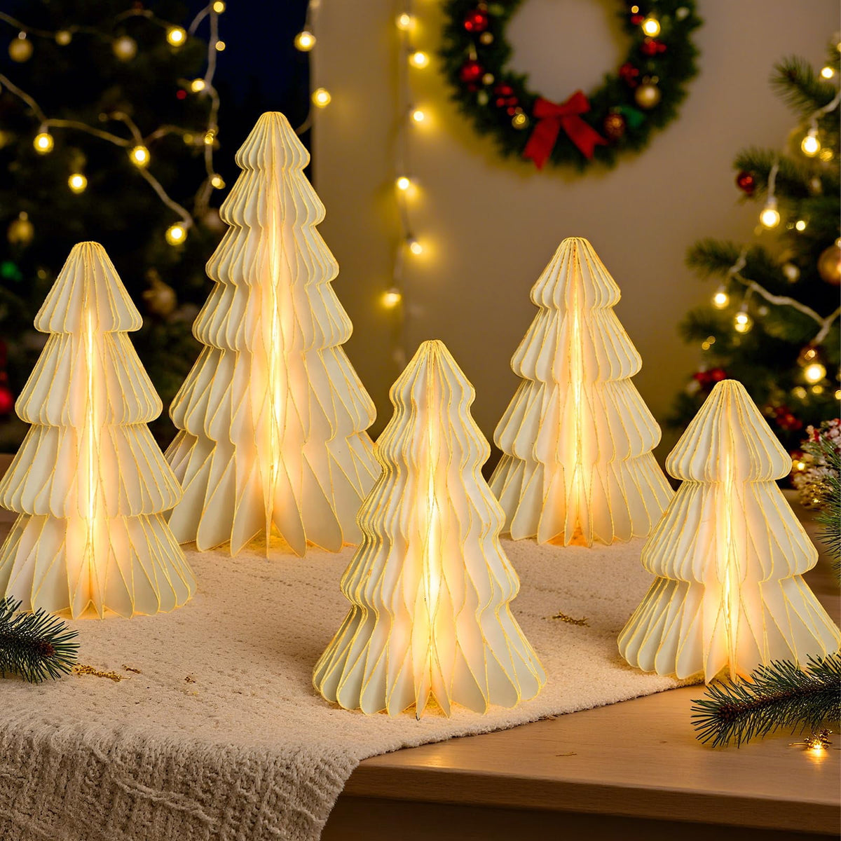 5 Pack Honeycomb Paper Christmas Trees, 3D Christmas Table Centerpieces for Mantel Tabletop Winter Home Decor