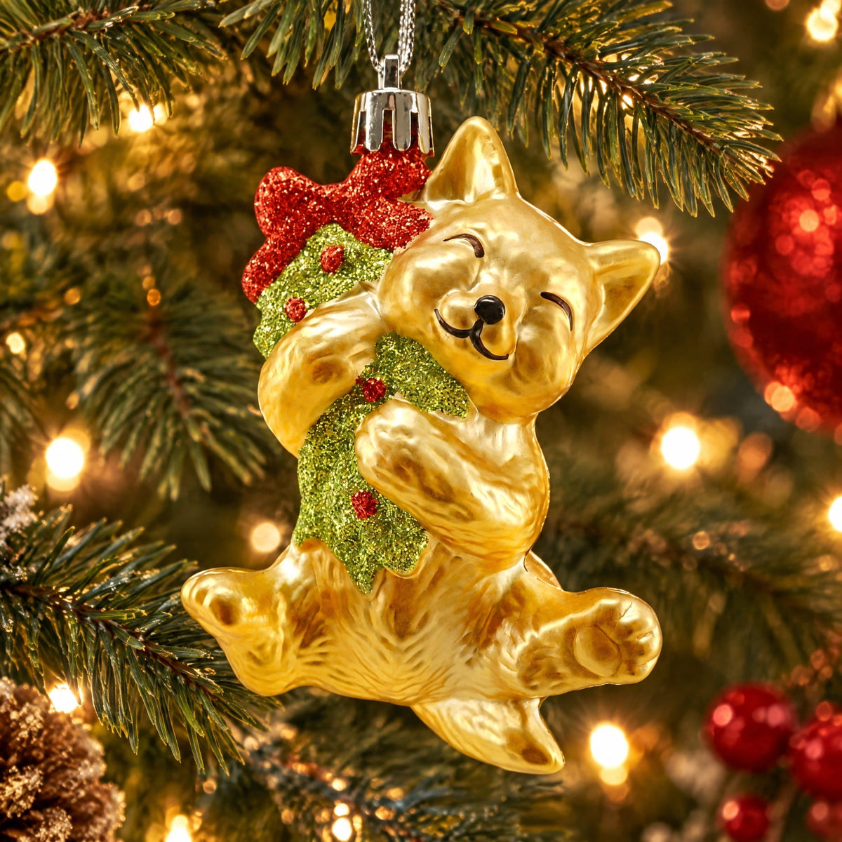 Gold/Red/Green Cat with Mistletoe Christmas Ornament, 4", by Holiday Time