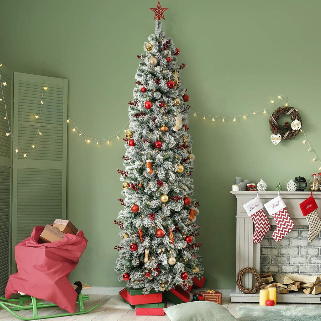 OasisCraft 9ft Pre-Lit Snow Flocked Artificial Pencil Christmas Tree with 450 Clear Lights, Hinged Snowy Slim Xmas Tree Outdoor for Festive Holiday Decor