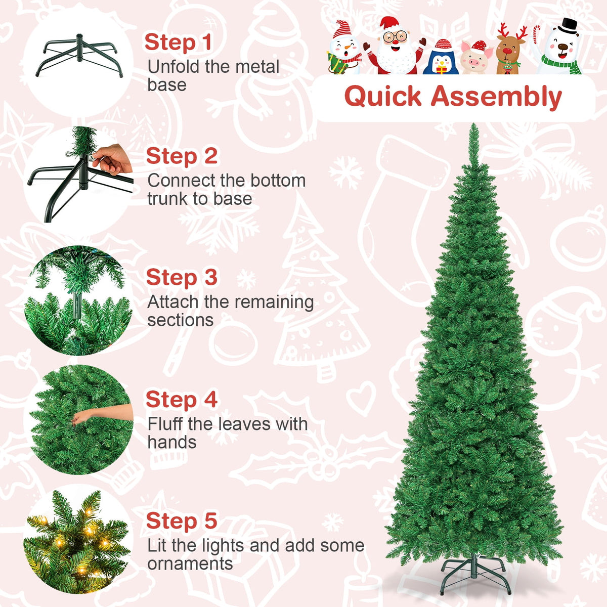 Topbuy 6.5ft Pencil Christmas Tree Pre-Lit Hinged Artificial Decoration w/ 250 Warm White Lights