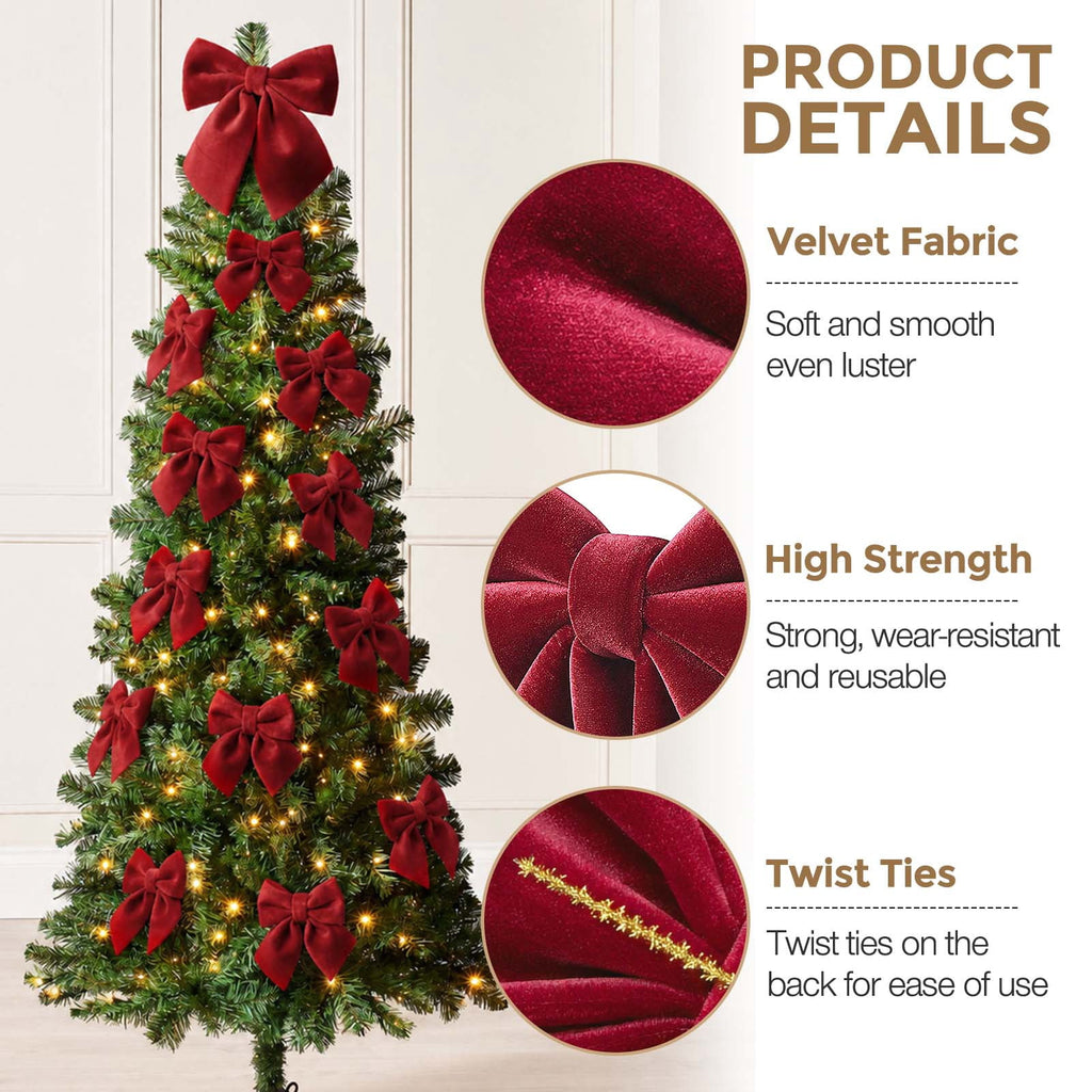 Ayieyill 13 Pack Velvet Red Christmas Tree Bows, Large Christmas Bows for Tree Wreath Stairs Railing Fireplace Indoor Decor