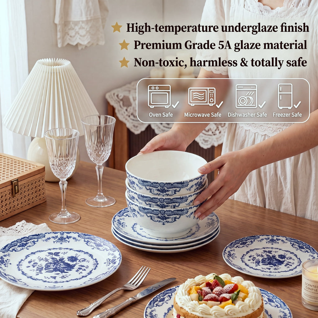 Onader 12 Piece Tableware Set, Rose Floral Dinnerware Set for 4, Ceramic Plates and Bowls Sets for Home Kitchen Restaurant, Scratch Resistant & Microwave Safe, Red