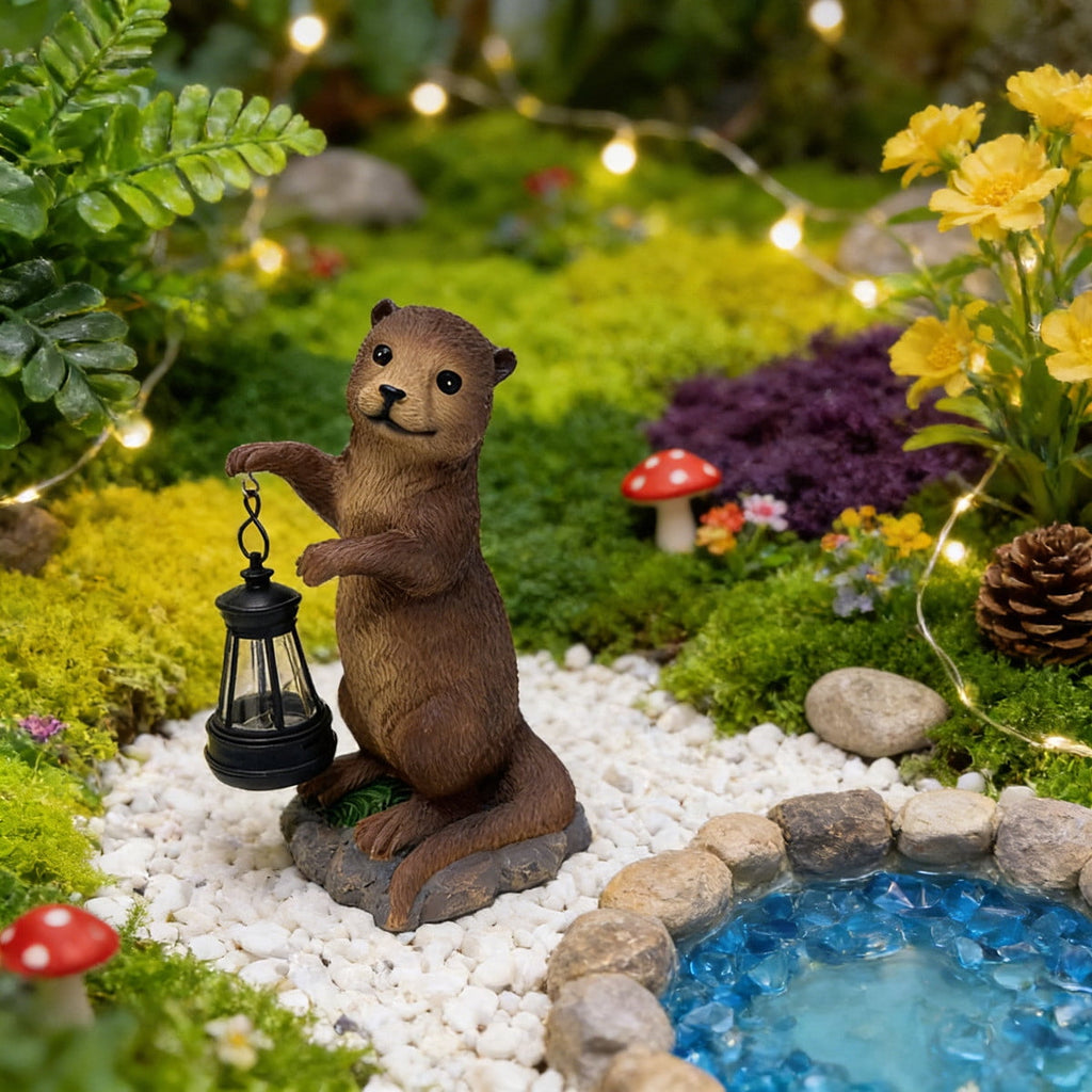 Solar Powered Resin Otters Lantern IP44 Waterproof Outdoor Decorative Light Warm Ambient Lighting Auto On/Off Handcrafted Statue for Garden Patio Yard Lawn Pathway Holiday Gift for Plant Lovers