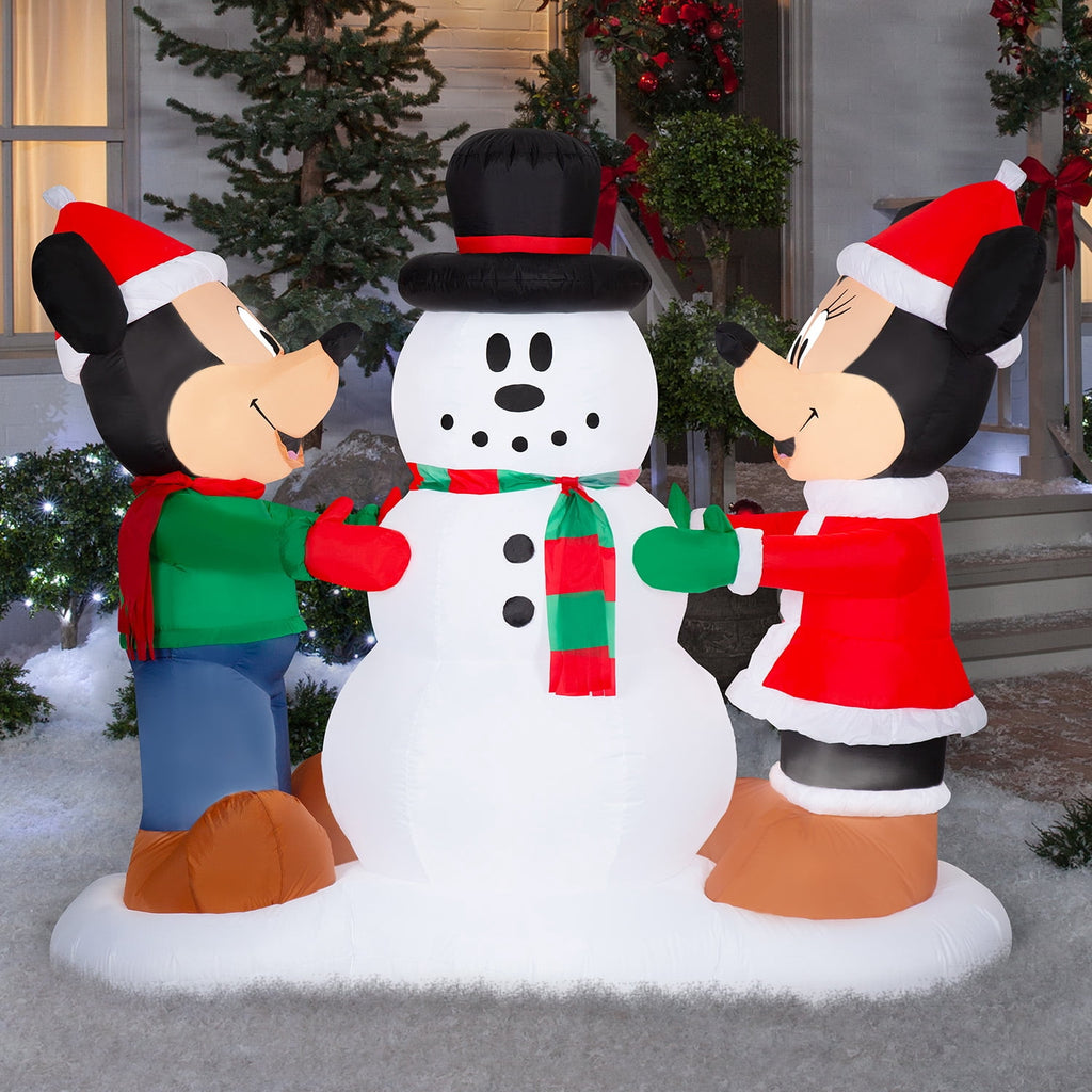 Gemmy Christmas Airblown Inflatable Mickey and Minnie Decorating Snowman Scene Disney, 5 ft Tall