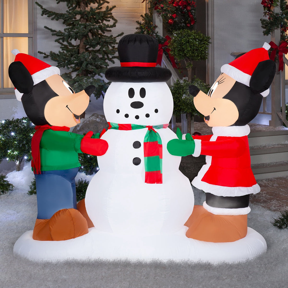Gemmy Christmas Airblown Inflatable Mickey and Minnie Decorating Snowman Scene Disney, 5 ft Tall