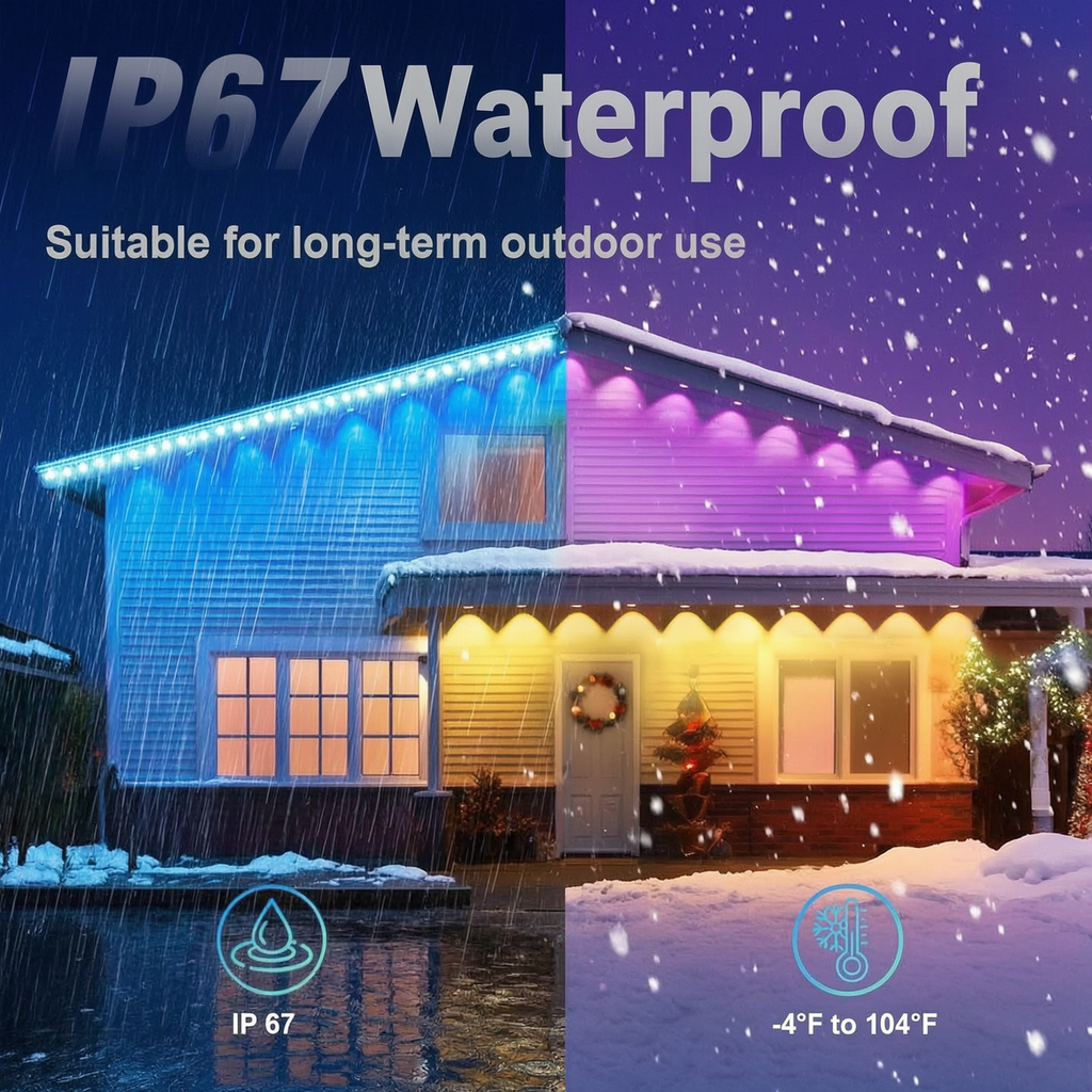 50ft RGB+IC Permanent Outdoor Eaves Lights With App & Remote Control, IP67 Waterproof LED Rain Gutter Lights for Year-Round Christmas Halloween, Valentine's Day, Holiday, Party Outdoor Decor