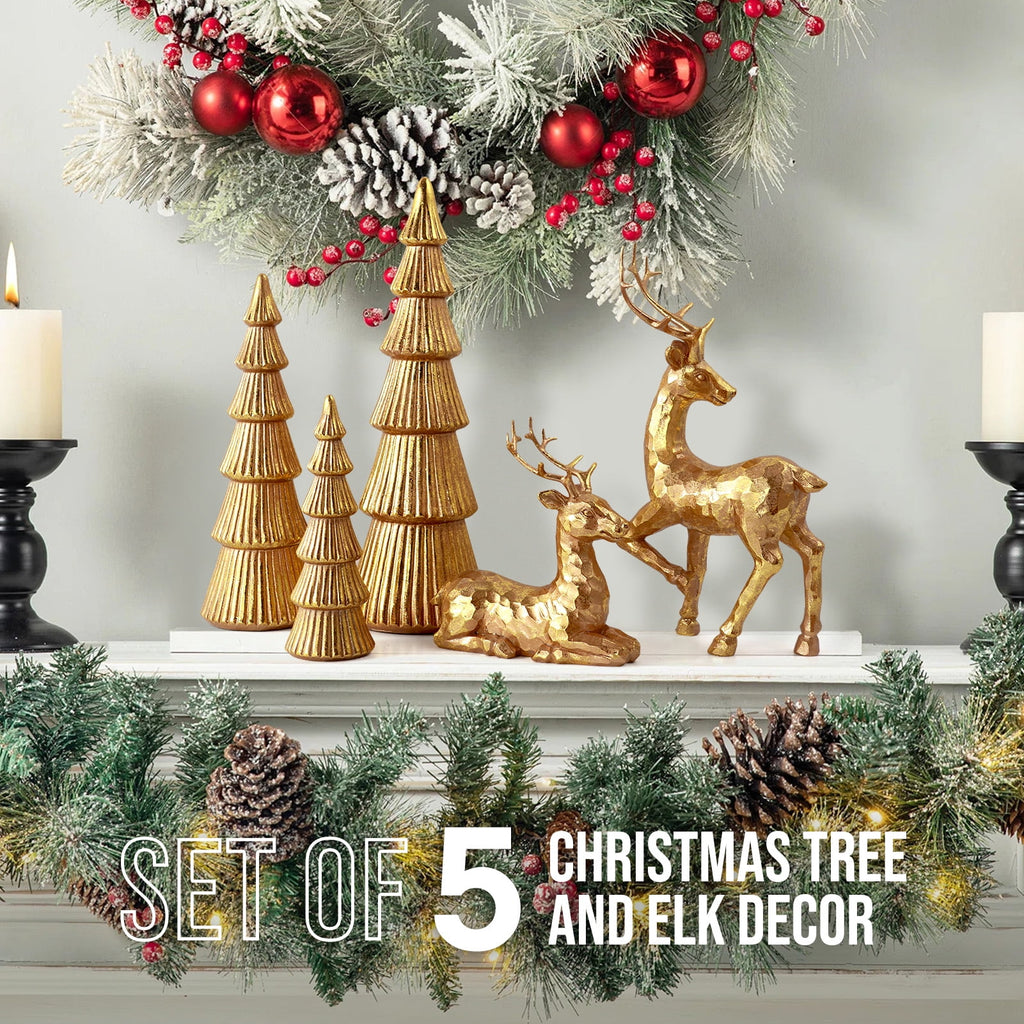 Ayieyill 5PCS Tree and Reindeer Decoration, Christmas Tree Reindeer Figurines, Christmas Decortion Indoor (Rose Gold)