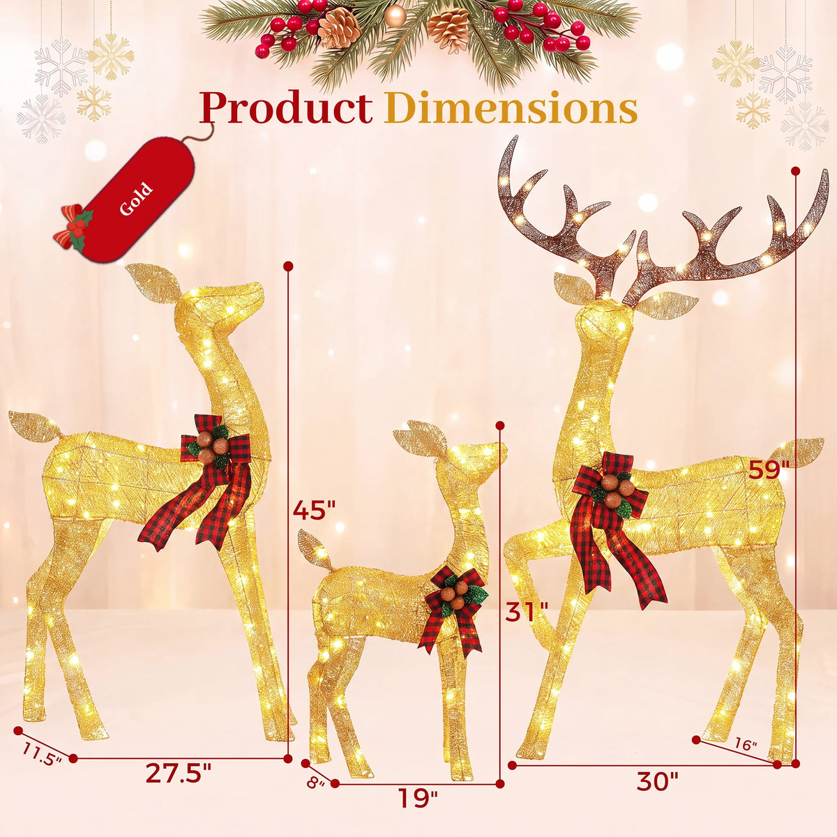 FOOWIN 3-Piece Large Christmas Deer Family, Lighted Outdoor Christmas Decoration, Champagne Gold