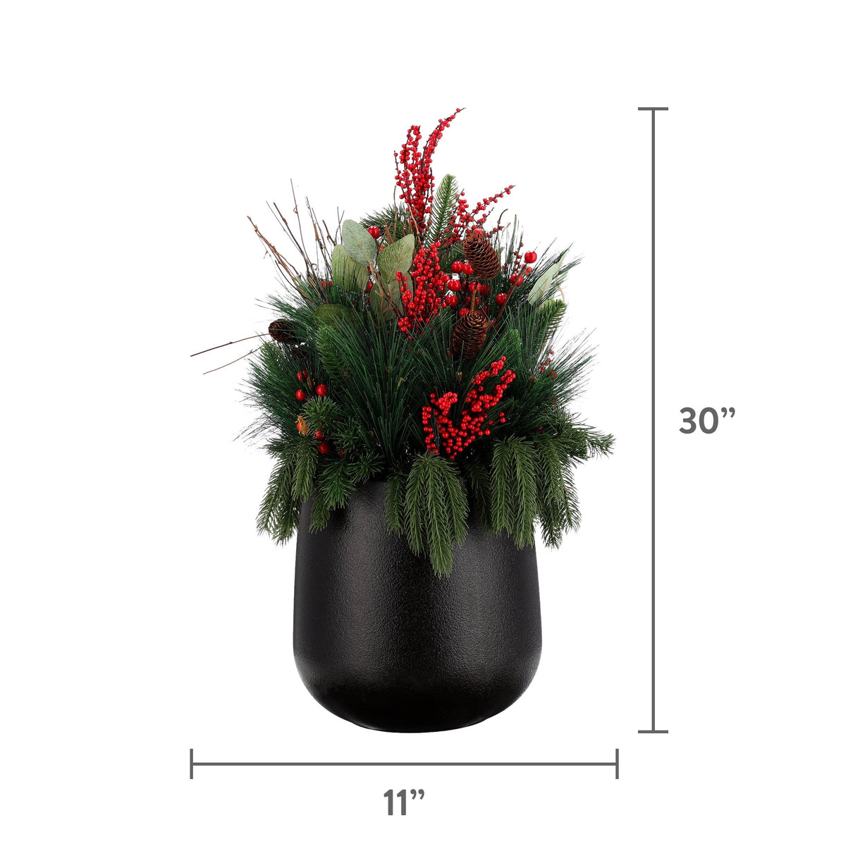 My Texas House Greenery and Berries Christmas Arrangement in Pot, Red/Green/Black, 30"