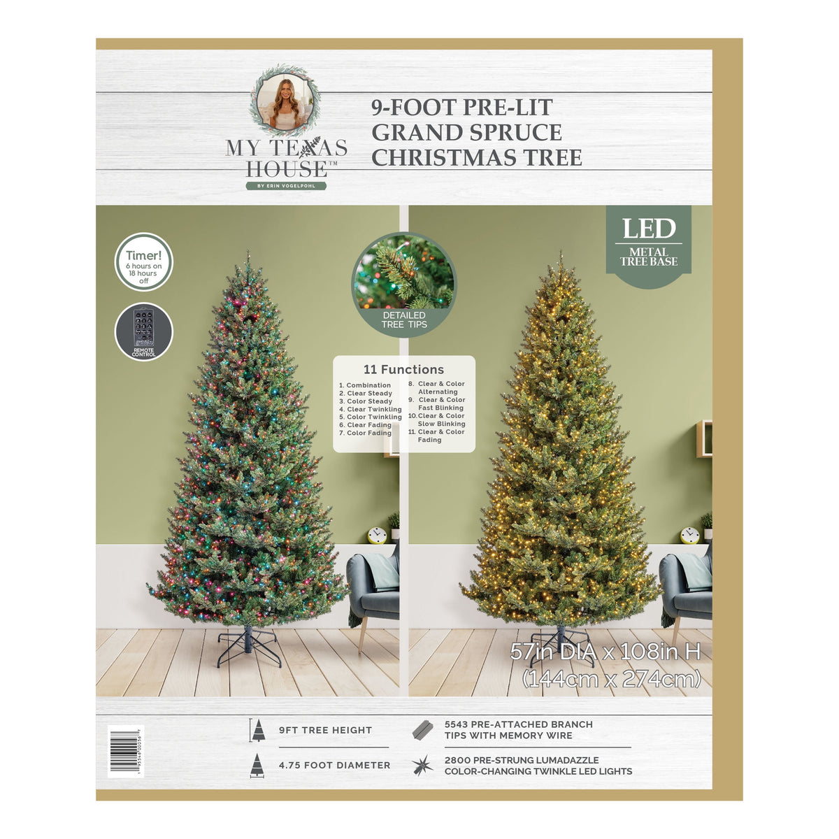 My Texas House 9' Pre-Lit Grand Spruce Green Artificial Christmas Tree with LumaDazzle Color-Changing Twinkle LED Lights, Quick Set, and Stand