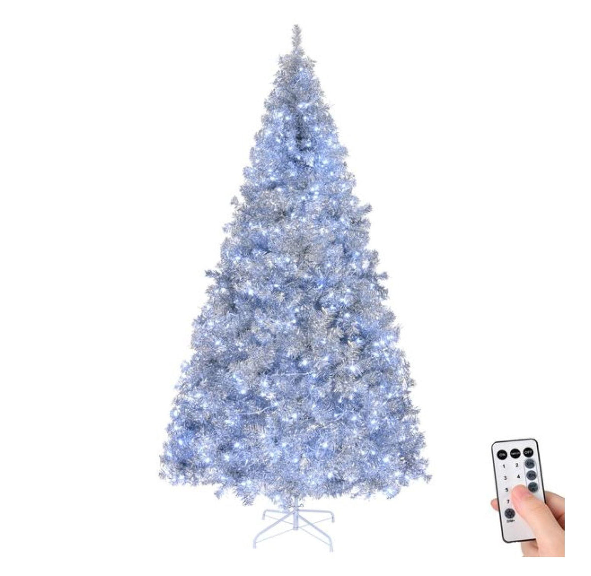 8ft Pre-Lit Silver Christmas Tree, 1350 Tips, 500 Lights, Hinged Xmas Pine Tree with Remote, Indoor Holiday Decorations