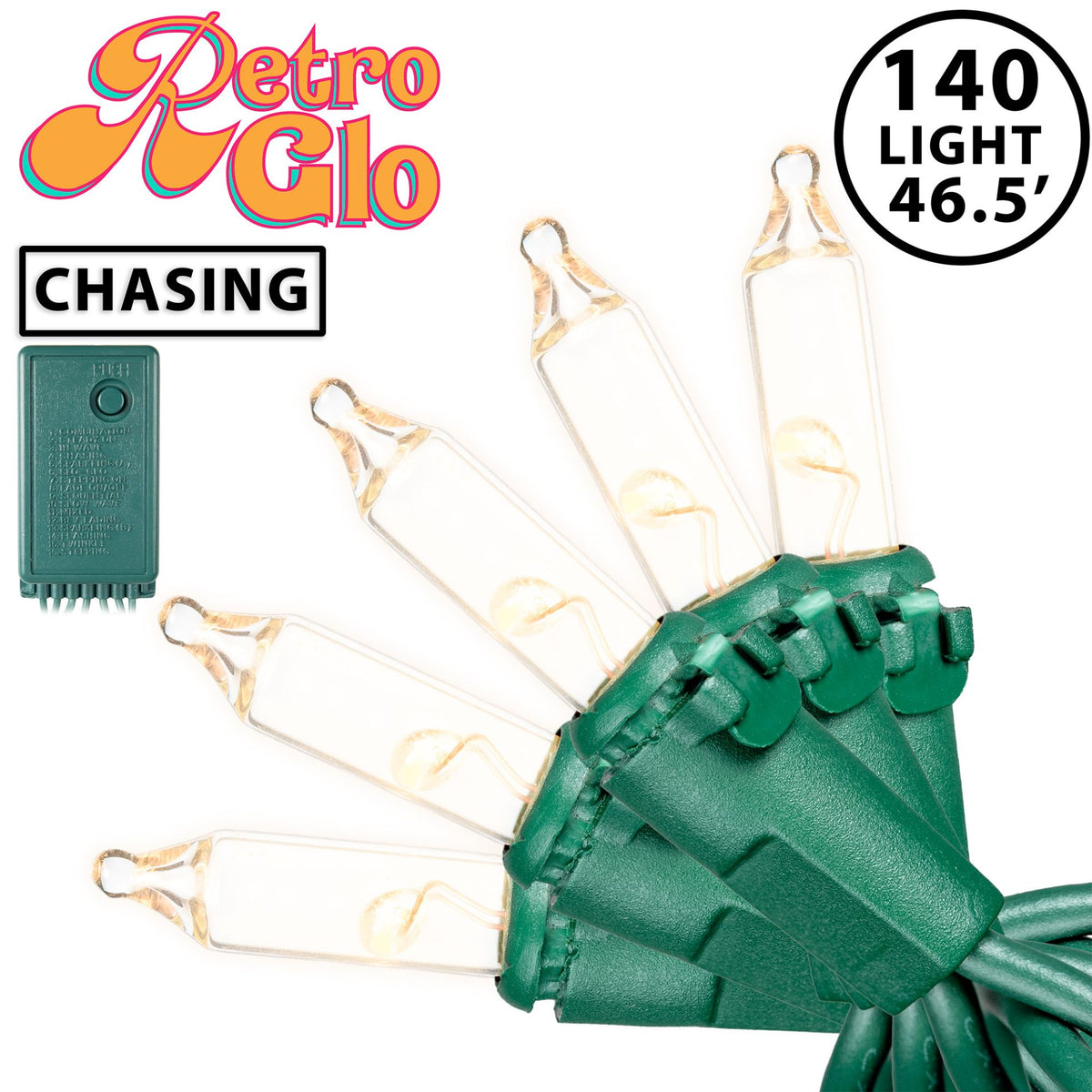Novelty Lights RetroGlo® Clear LED Multi-Function 46.5ft Chasing Christmas Lights, 140 Bulbs on Green Wire, Vintage Style, 2700K Warm White Core