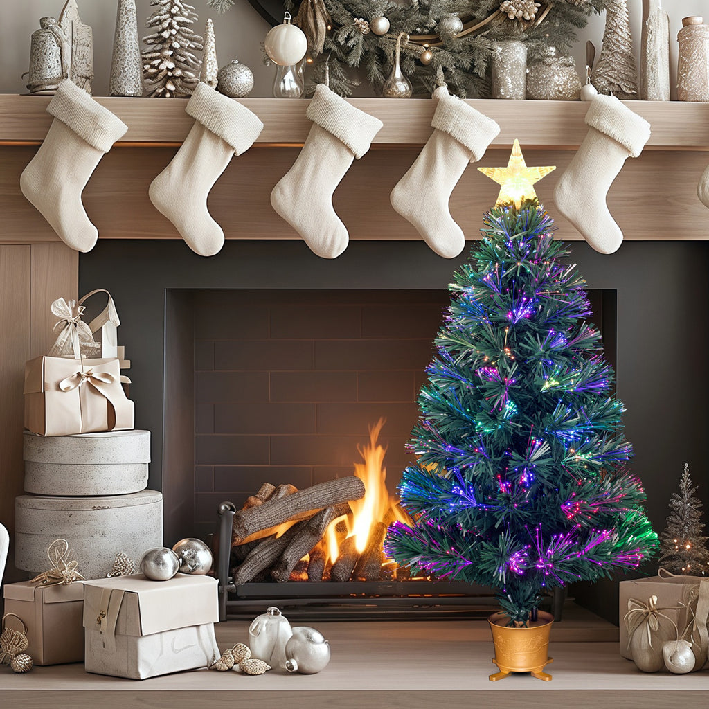 YUETJIN 3ft Pre-lit Mini Fiber Optic Tabletop Artificial Christmas Tree，Small Xmas Trees with Stars Decorations-transparent