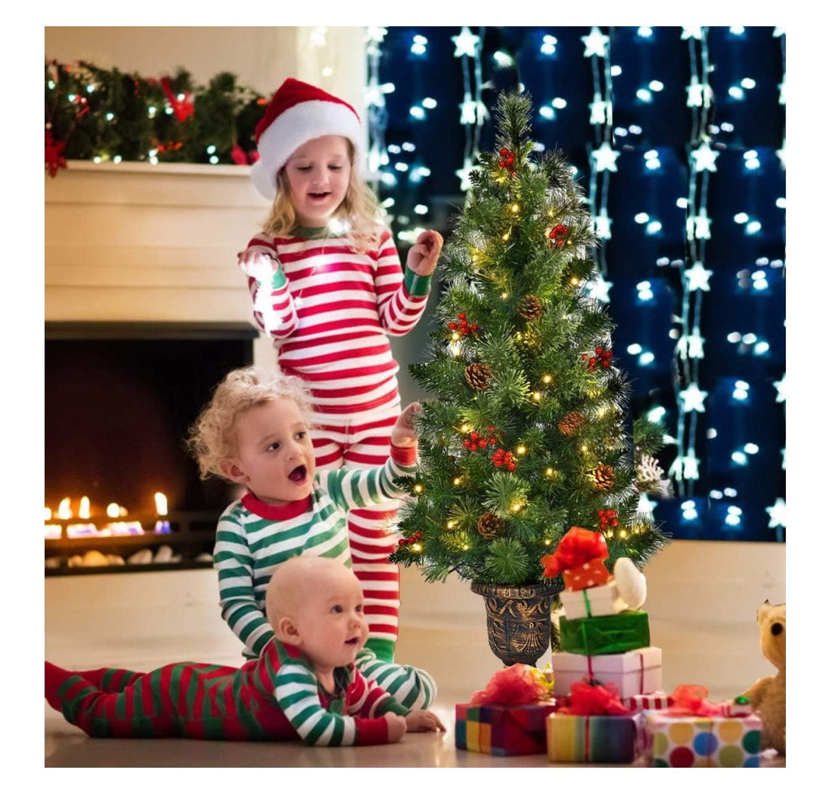 Ranyuaxu 3ft Prelit Pathway Christmas Tree with 40 LED Lights, Artificial Christmas Tree with Metal Stand, 100 Branch Tips, Pine Cones and Red Berries, Entrance Tree for Indoor and Outdoor Decoration