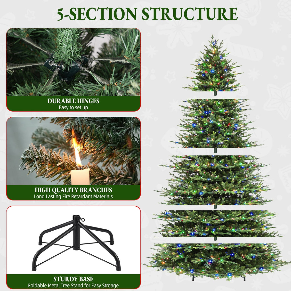 VIVATREES 7.5ft Pre-lit Artificial Christmas Tree Frasier Fir w/ 3325 PVC PE Hinged Branch Tips 450 Multi Color LED Lights Foldable Base