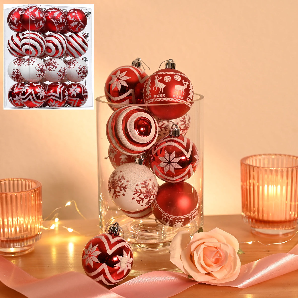 Valery Madelyn 24ct 2.36" Christmas Ball Ornaments, Red White Shatterproof Ornaments for Christmas Party Decor
