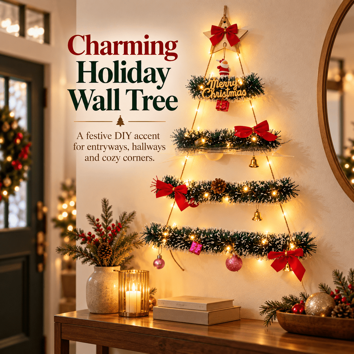DIY Wall Mounted Christmas Trees with LED Light, Wall Hanging Christmas Tree, Space-Saving Christmas Decor Ideas for Small Space Home Holiday Decoration, 100x40cm