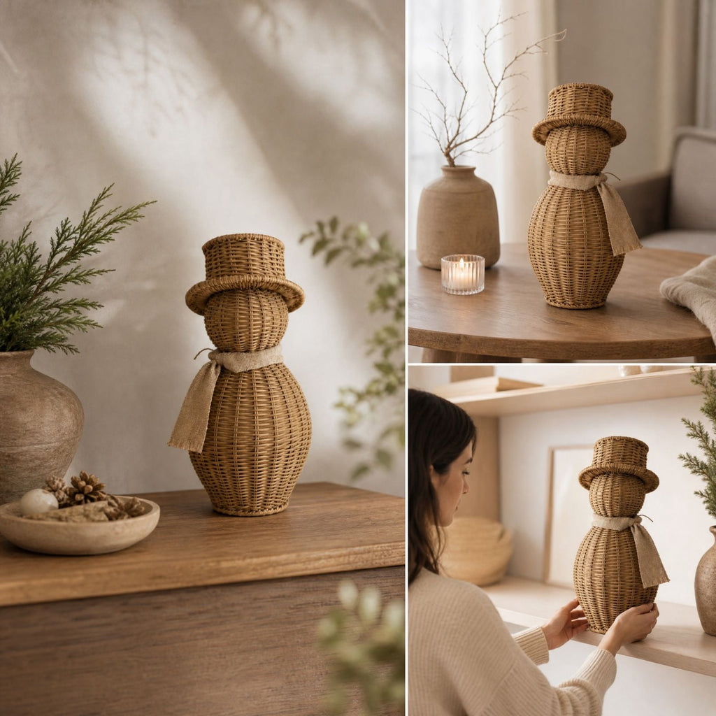 FeiBiQiuBi 14.9" Resin Rattan Style Snowman, Rustic Snowman Decorations with Bow, Woven Natural Style Freestanding Design Winter Farmhouse Decor for Home Kitchen Garden, Holiday Table Mantel Decor