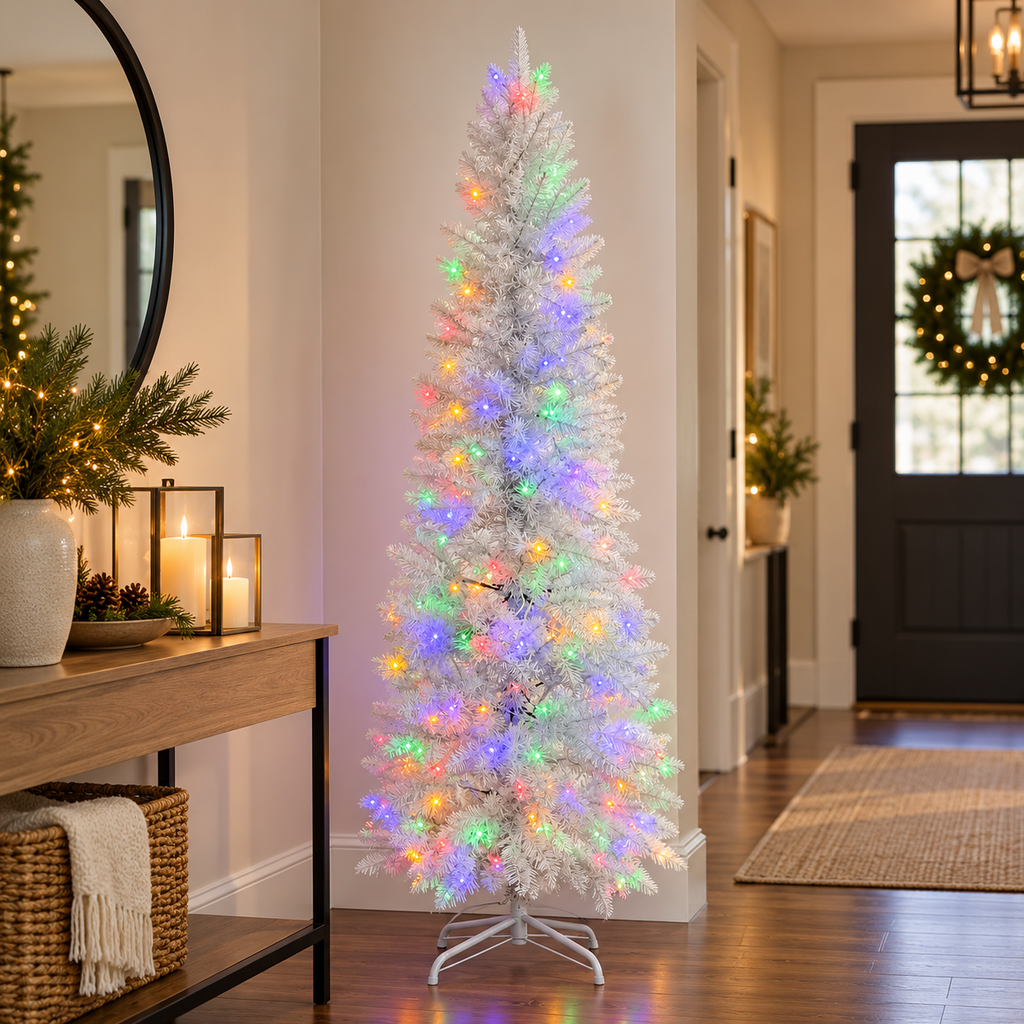 TENSAKEE 6 ft White Pencil Christmas Tree, Slim Pre-Lit Snow Flocked Artificial Xmas Tree with 571 Branch Tips, Party Decor