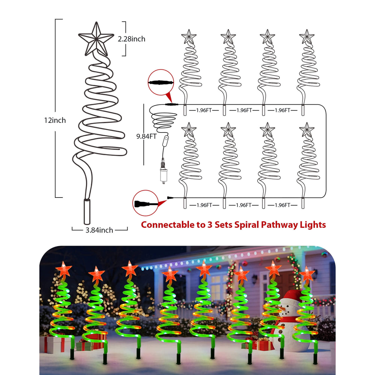 Set of 8 Smart Spiral Christmas Tree Pathway Lights with Programmable Fairy RGB LED Lights App-Controlled