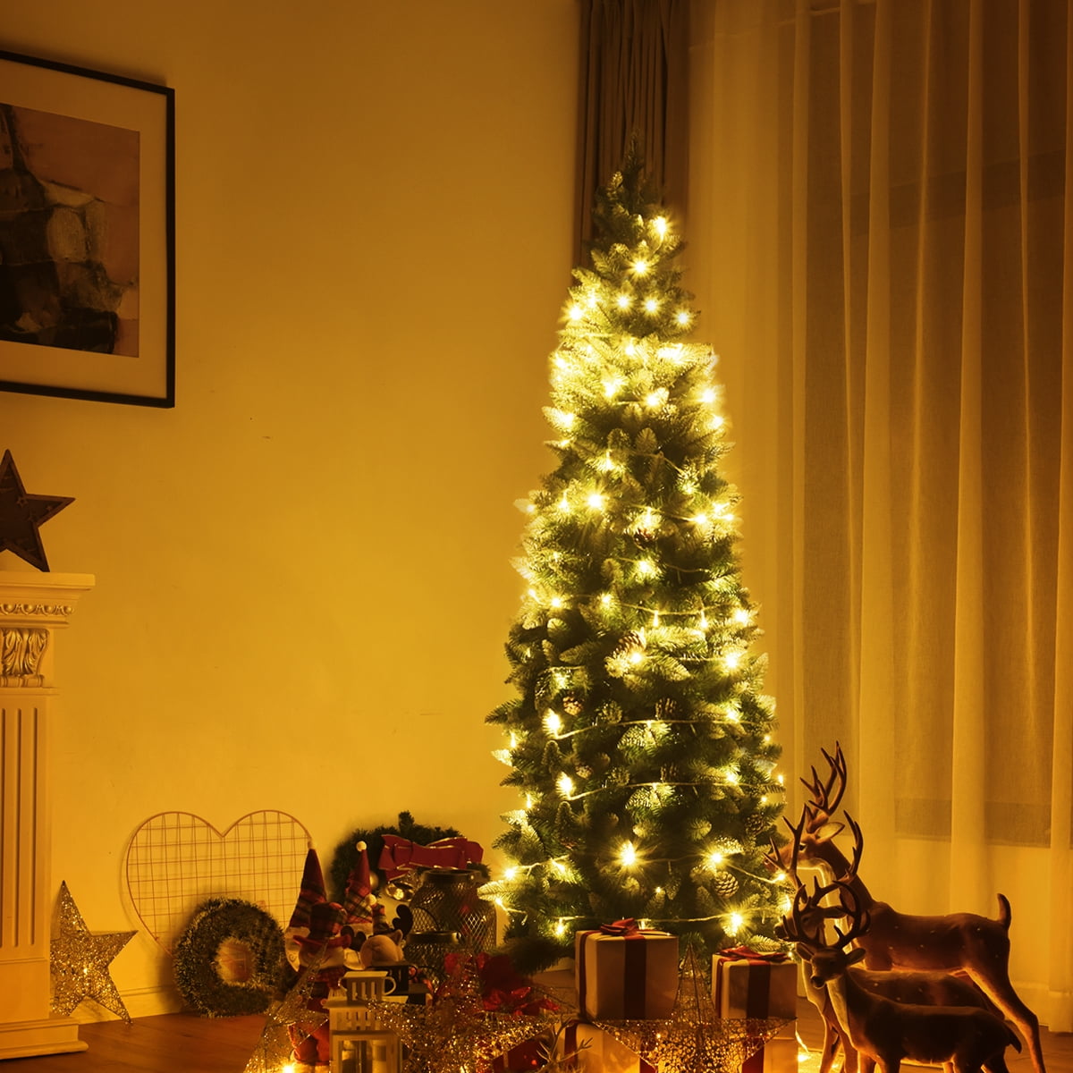 Gymax 5ft Snow Flocked Pencil Christmas Tree Classic Realistic PVC Needles W/Pine Cones